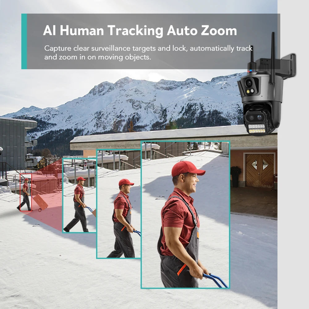 Wifi Camera Outdoor PTZ 4 Lens 4 Screen 8X Hybrid Zoom AI Auto Tracking Linkage Video Bluetooth Security Camera IP iCSee APP