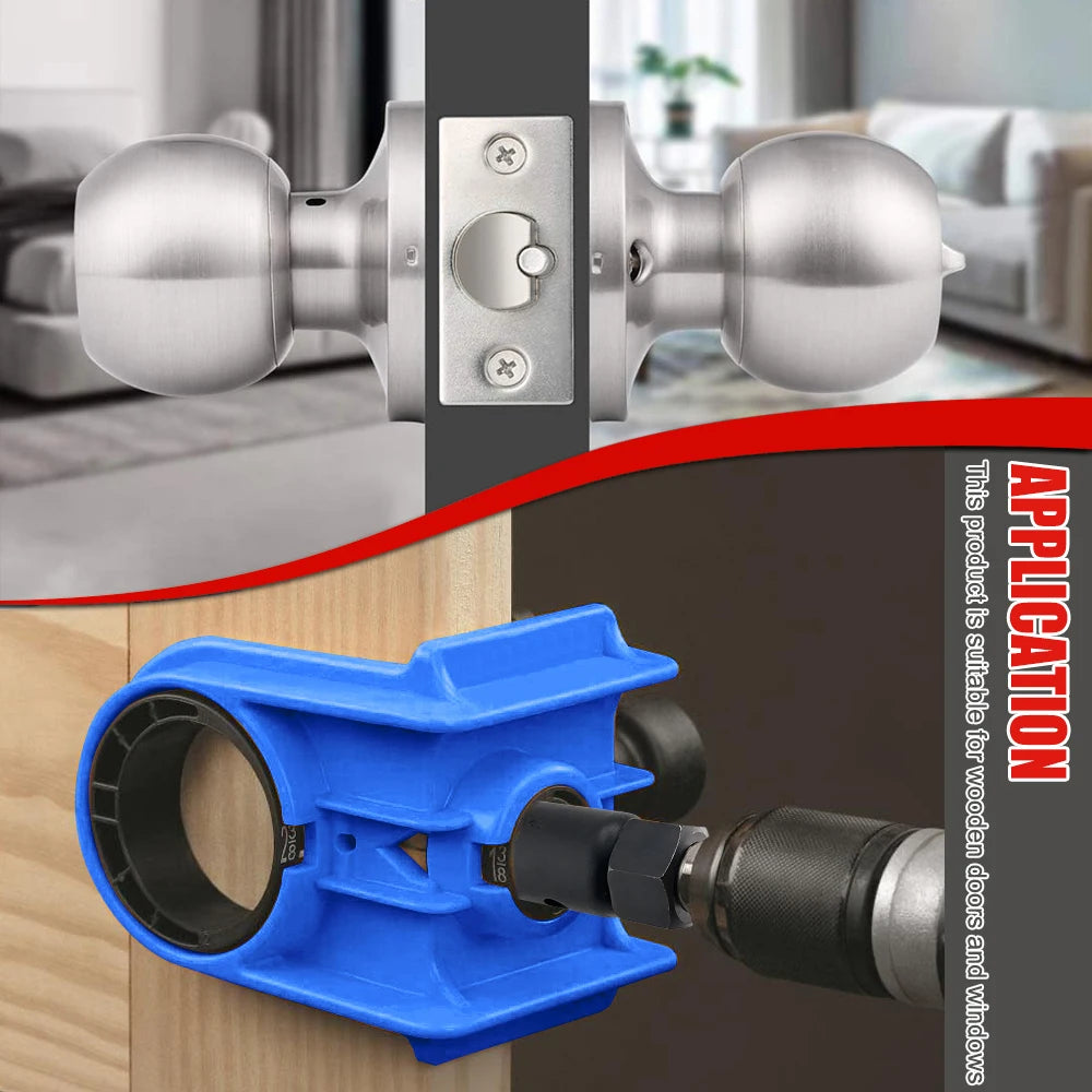 Blue door latch mortise jig tool guiding drilling on a wooden door edge