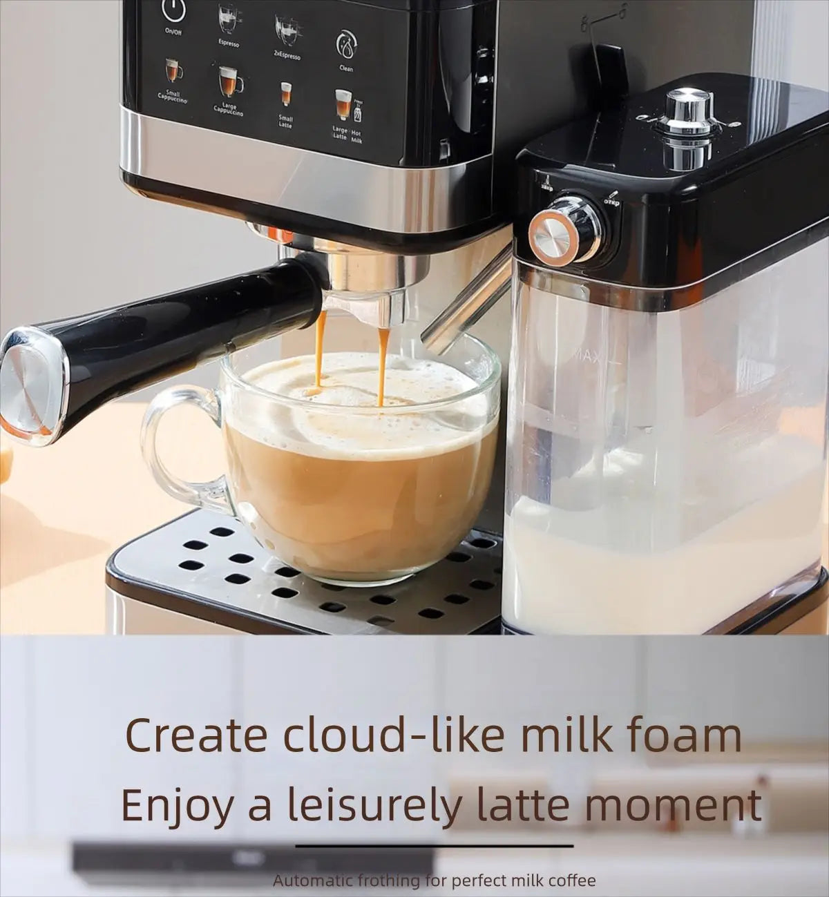 Black and stainless steel espresso machine with integrated milk frother, brewing fresh latte into a glass cup.