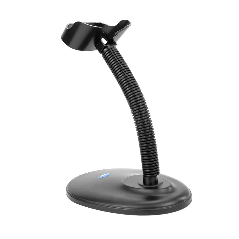 Barcode reader cradle stand with black base and ribbed gooseneck support