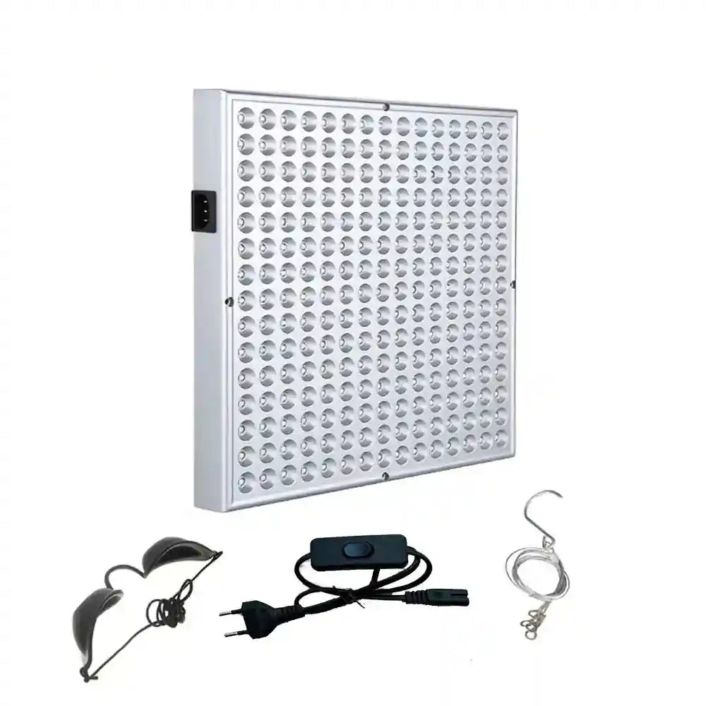Square LED red light therapy panel with power cord, protective goggles, and hanging hardware.