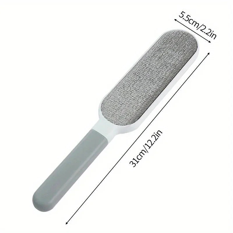 Reusable double-sided plush pet hair removal brush for cleaning clothes, sofas, and furniture. 31cm grey lint remover.