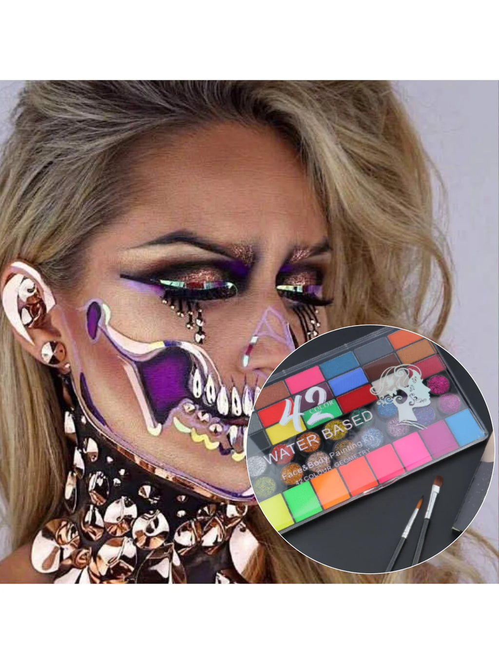 Tidesmit 42 color face and body paint palette showing vibrant neon water soluble makeup shades in detail view