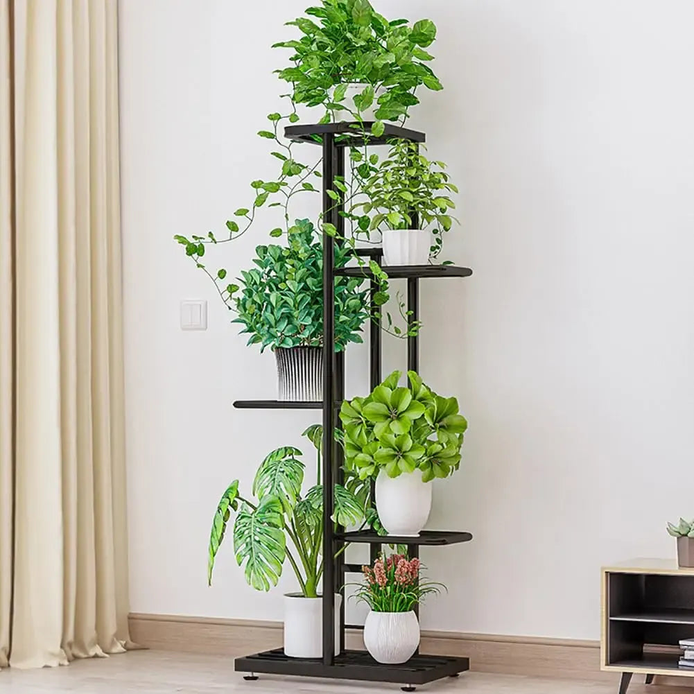 Multi-layer plant display shelf with black frame and round tiers, holding potted plants