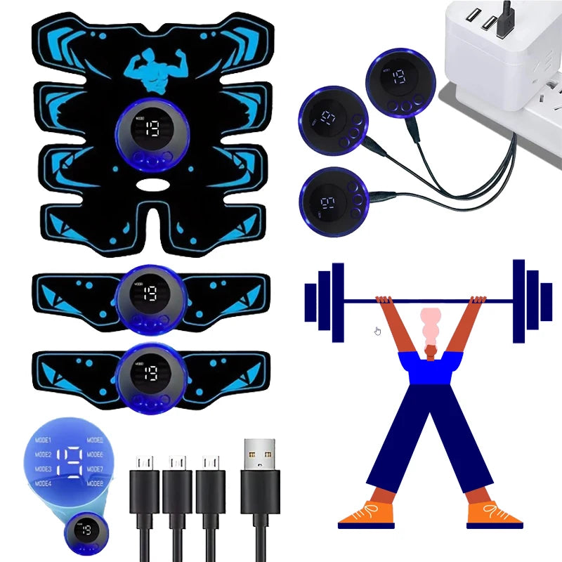 EMS Muscle Stimulator 3-in-1 Abdominal Trainer - USB Blue Relaxation Treatment Tidesmit