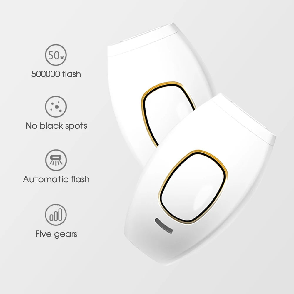 White and gold IPL laser hair removal device with 500k flashes, 5 settings, and automatic flash for home use.