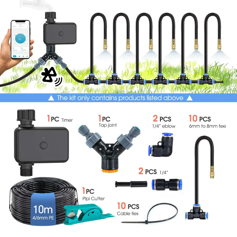 30-10m Garden Bluetooth Smart Single-channel Timer Irrigation Set Quick Connect 360° Adjust Adjustable Atomized Watering System