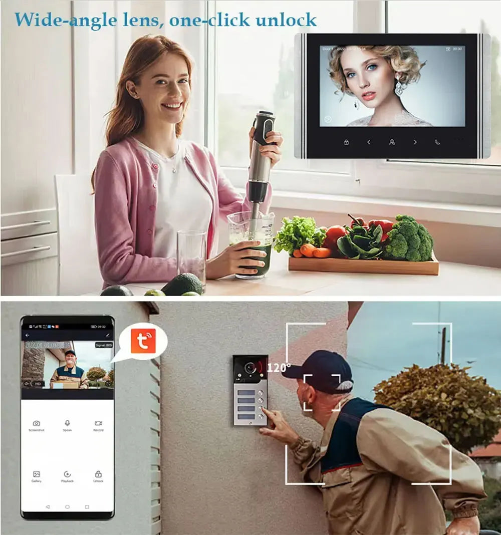 7 Inch LCD Video Doorphone Intercom Wide Angle Waterproof 1080P Camera Doorbell System for 2/3/4 Apartment Family Access Control