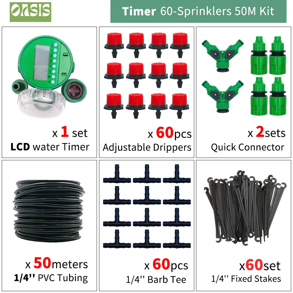 OASIS 50M-5M DIY Drip Irrigation System Automatic Watering Garden Hose Micro Drip Watering Kits with Adjustable Drippers