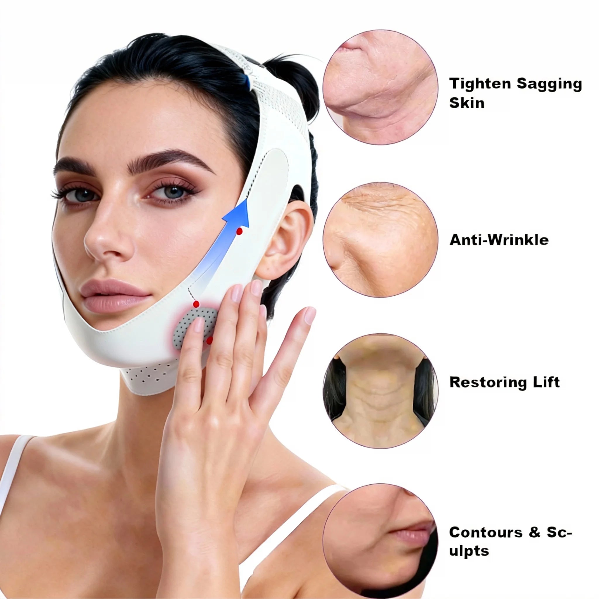Woman wearing a white, breathable V-line facial lifting band with instructional call-outs for skin tightening.