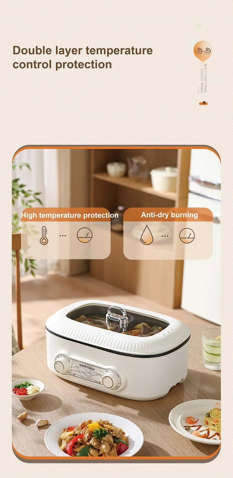 6L electric cooking pot with double temperature protection and safety anti-burn design, white