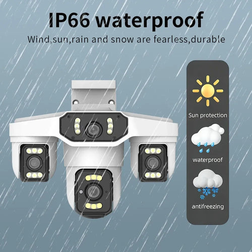 Outdoor WiFi security camera showing IP66 waterproof and four-lens LED design