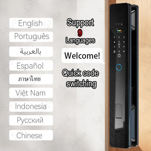 Black smart door lock with numeric keypad and side card reader; slim wall-mounted design