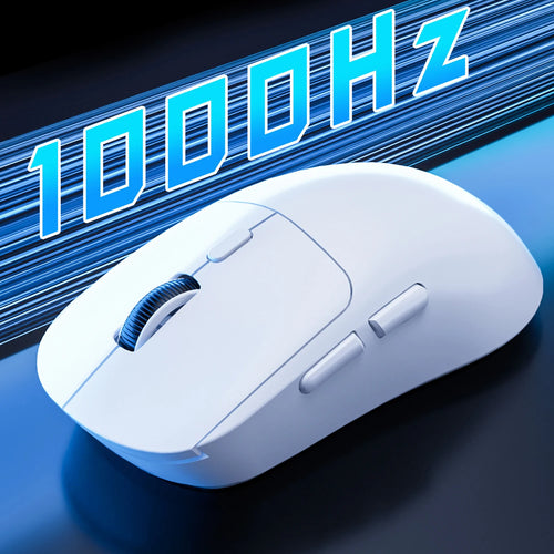 White wireless M348 gaming mouse with a scroll wheel, side buttons, and "1000HZ" text on a blue background.