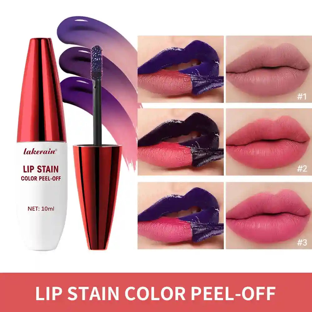 Lakerain 3-color waterproof peel-off lip stain with matte finish, showing application and vibrant long-lasting results.