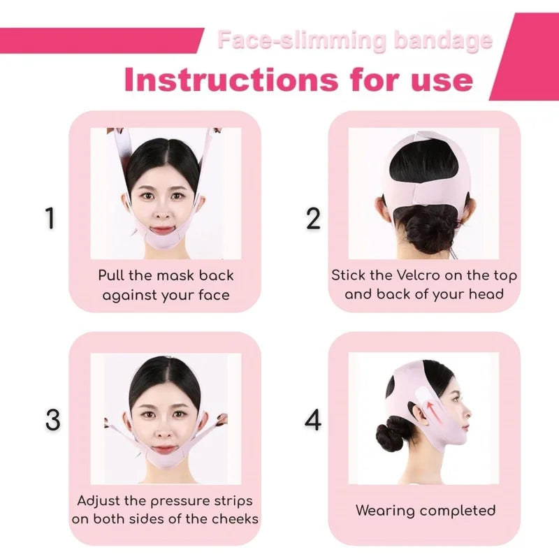 Instructional graphic showing a woman applying a light pink, reusable V-shaped facial sculpting bandage.