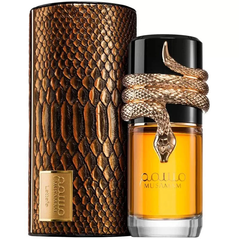 Lattafa Musamam Intense EDP for men: woody aromatic 100ml fragrance in a unique snake-wrapped bottle with scale case.