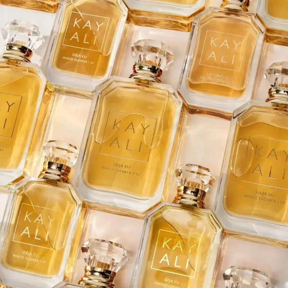 Kayali Deja Vu White Flower 57 EDP: 100ml luxury women’s floral, vanilla, woody perfume in a chic rectangular bottle.