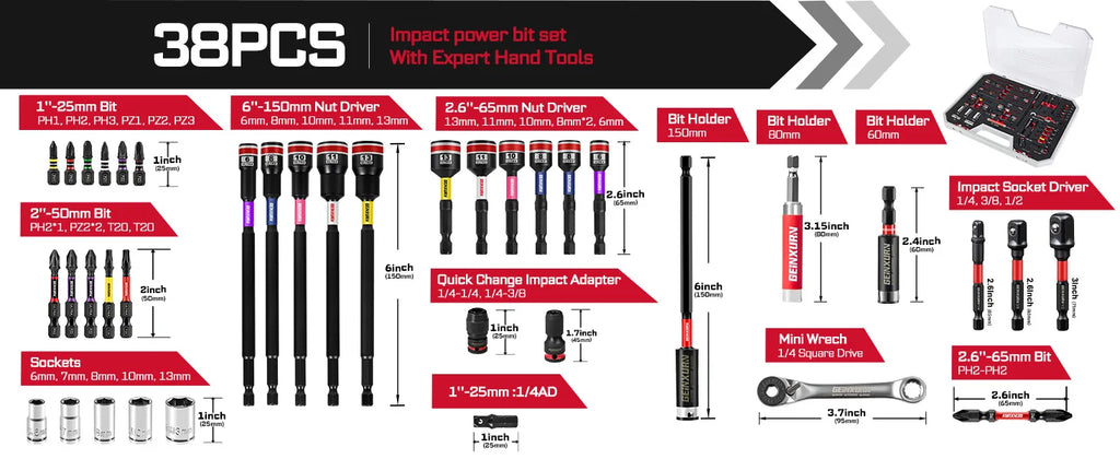 Geinxurn 38Pcs Tools Set Packaged, Socket and Bit Holder, S2 Screwdriver Bits, Nut Driver, Mini Wrech, Quick Change Adapter for