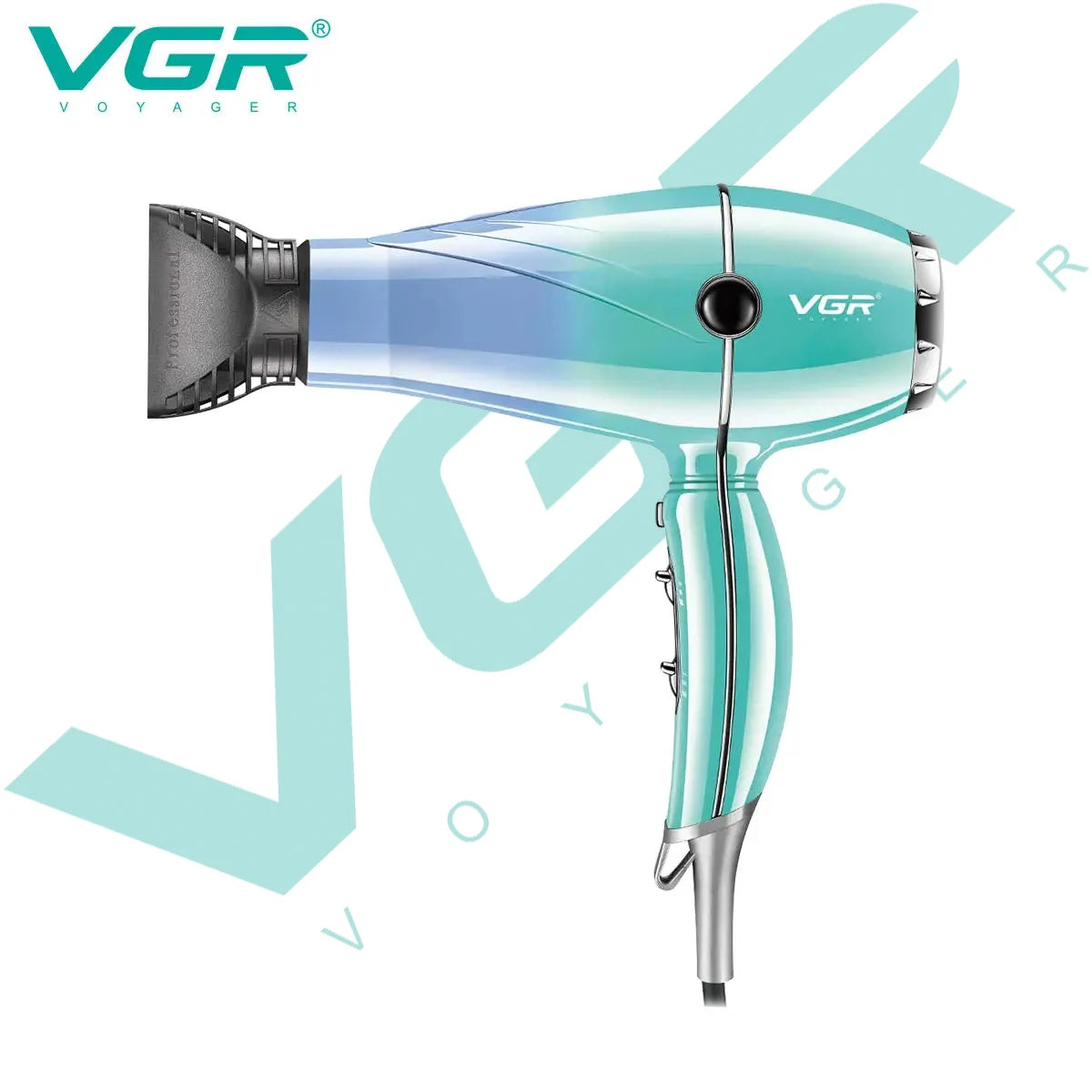 VGR professional teal gradient hair dryer with concentrator nozzle, 2400W negative ion styling for home and salon.