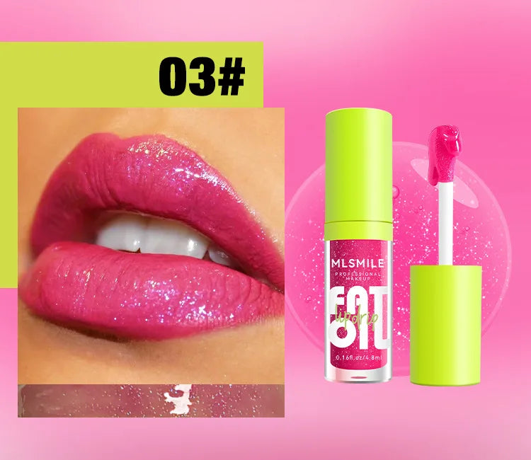 Moisturizing pink glitter lip plumper gloss with a shiny, nutritious finish and neon green applicator packaging.