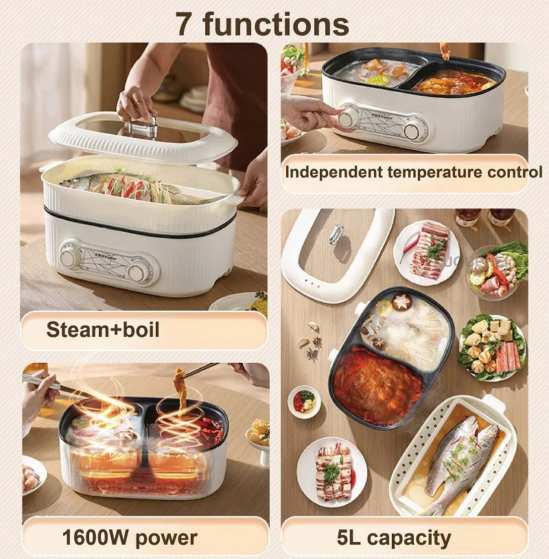 White multi-function electric hot pot with steam lid, two side cooking inserts