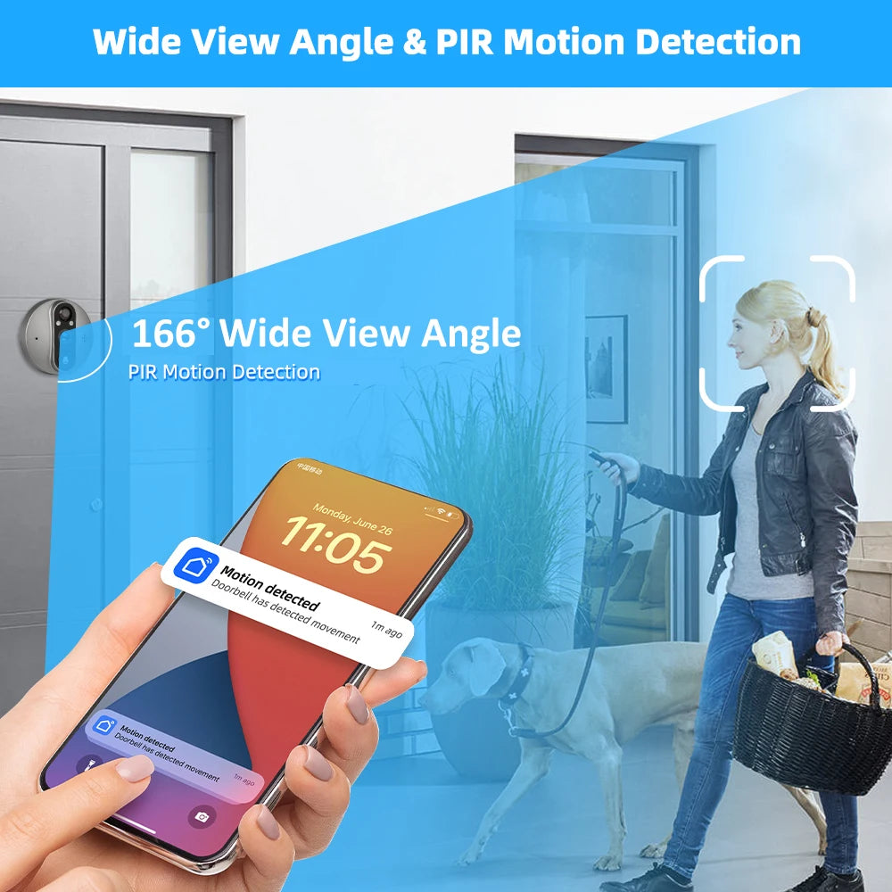 3MP Wi-Fi Tuya SmartLife Battery Powered 940nm No Visible Light Infrared Audio Video Door Eye Digital Viewer PIR Doorbell Camera
