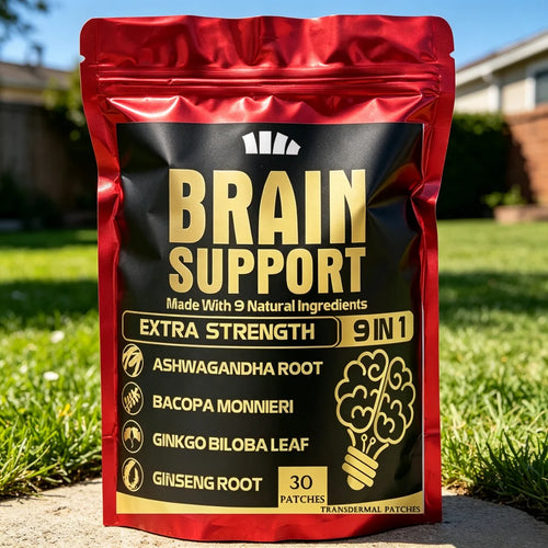 Red bag of 30 Brain Support ashwagandha transdermal patches for stress relief and adaptogen support.