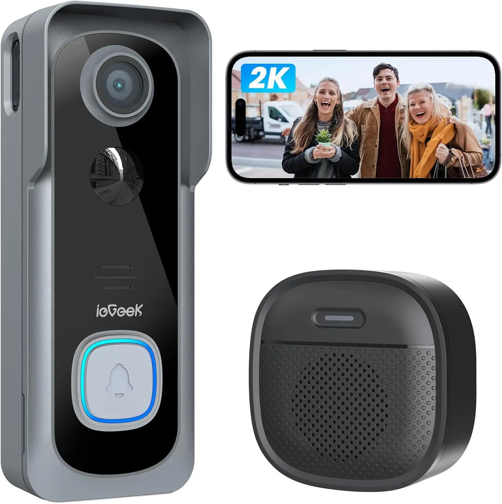ieGeek Wireless Doorbell with Camera, 2K  Waterproof IP66, No Monthly Fees,  Two-Way Audio, Human PIR Detection,2.4G WiFi