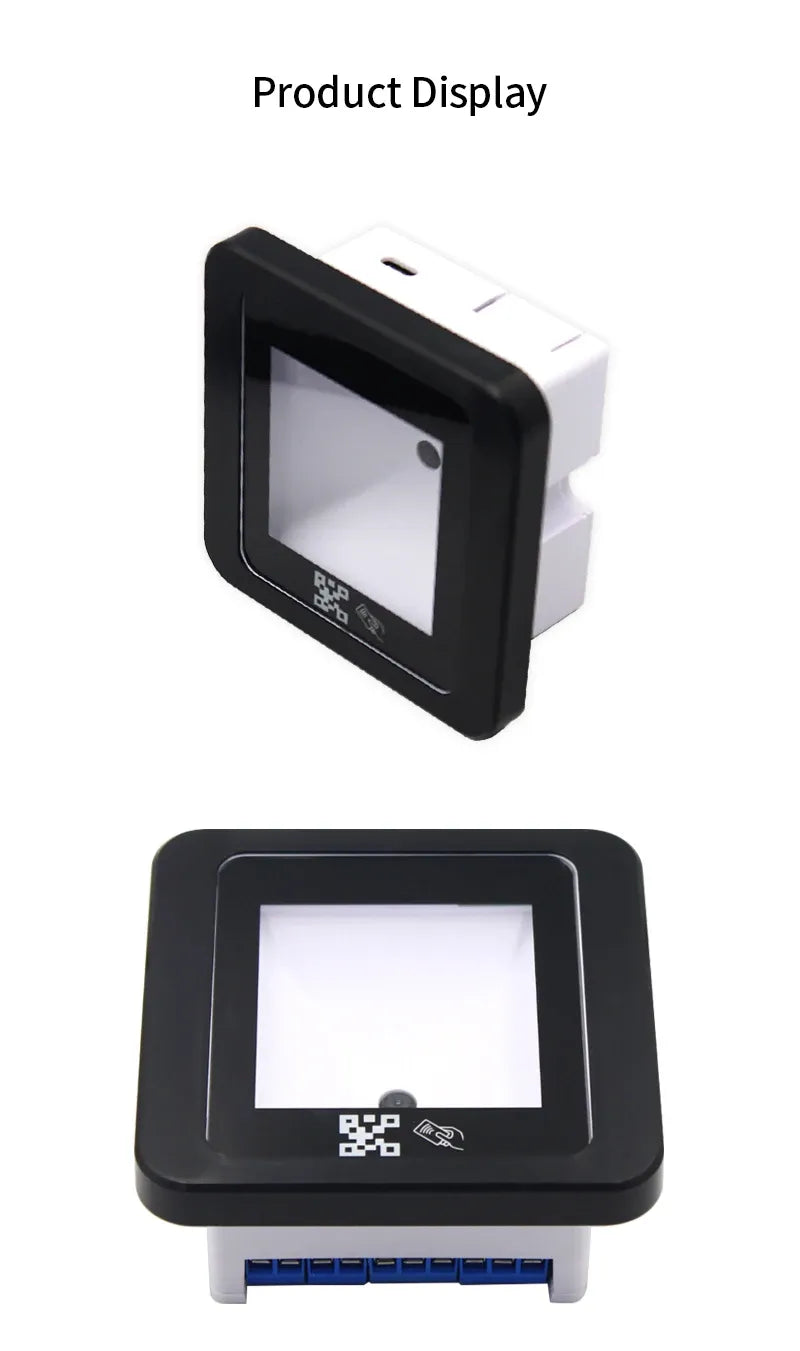 QR code reader display unit with black bezel and white screen window