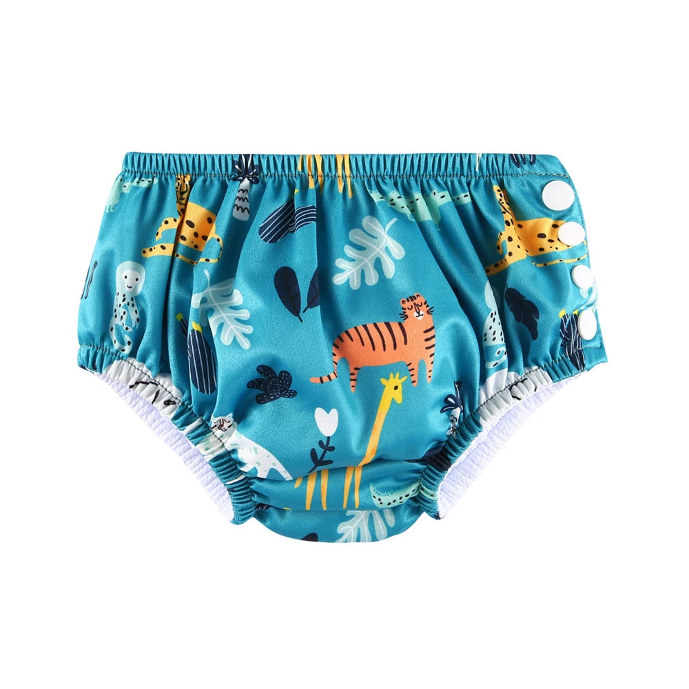 Reusable baby swim diaper in teal with a jungle safari animal print, featuring side-snap closures for adjustable fit.