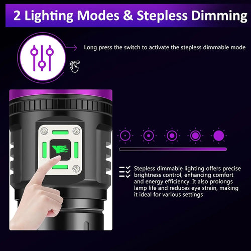 120W rechargeable UV flashlight with 9-core LED for pet urine detection, featuring adjustable brightness and light modes.