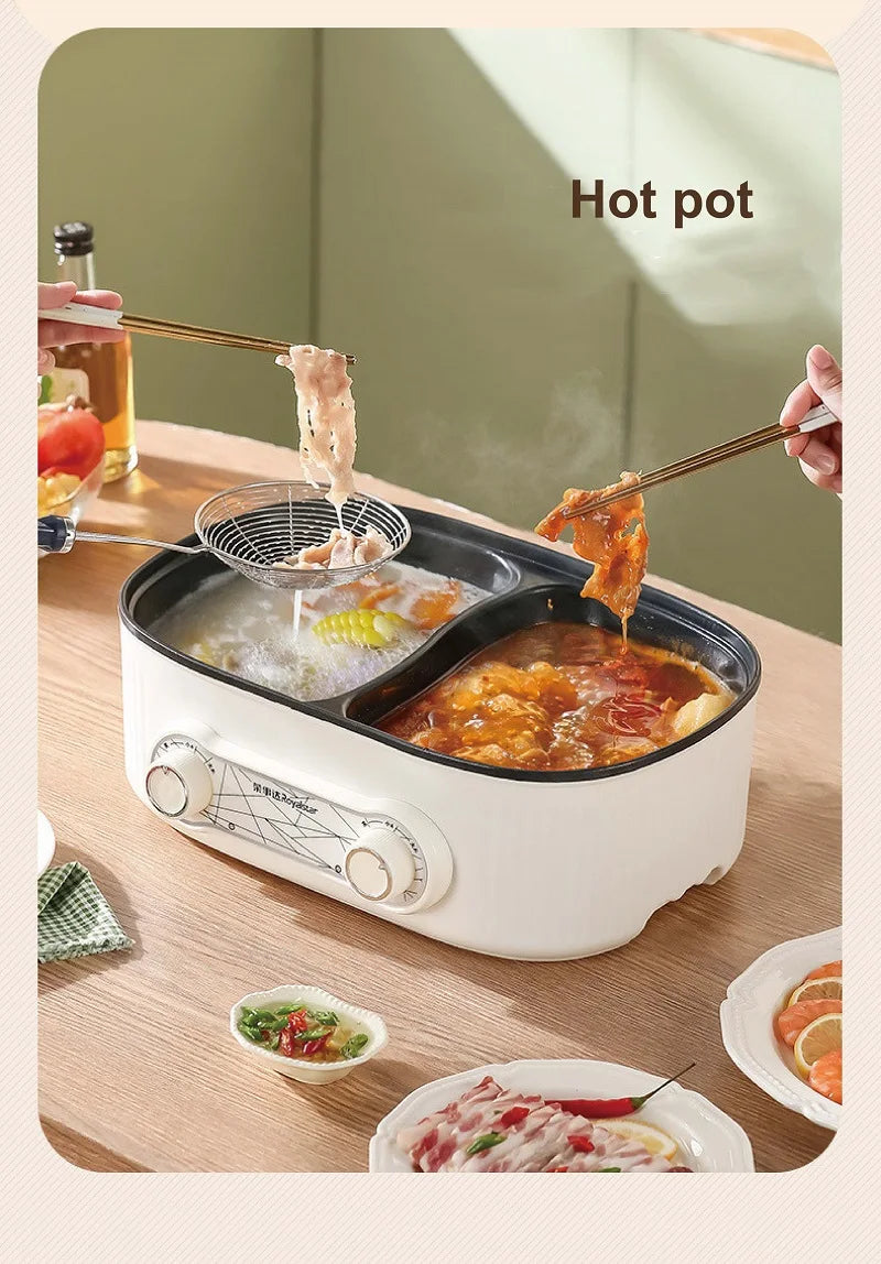 6L electric hot pot with lifting utensil view of frying and hot-pot contents