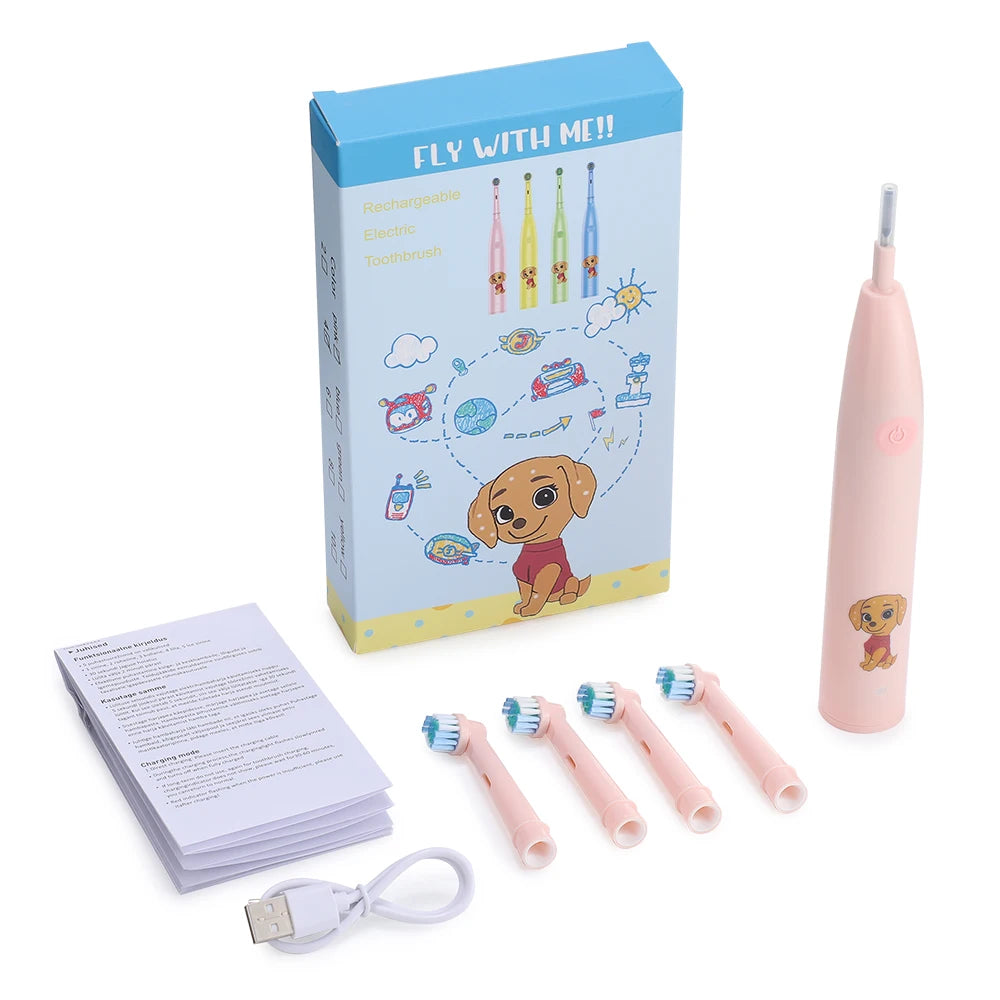 Children's Electric Toothbrush with 4 Replacement Heads Cartoon Kids Electric Toothbrush 5 Cleaning Modes Round Head Rotating