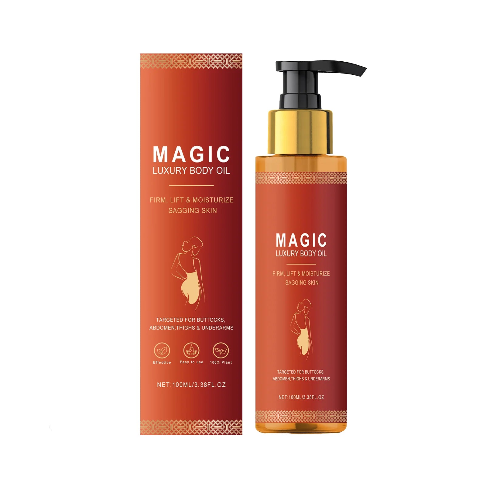 A tall, 100ml amber-colored bottle of Magic Luxury Body Oil with a gold pump and its matching reddish-brown box.