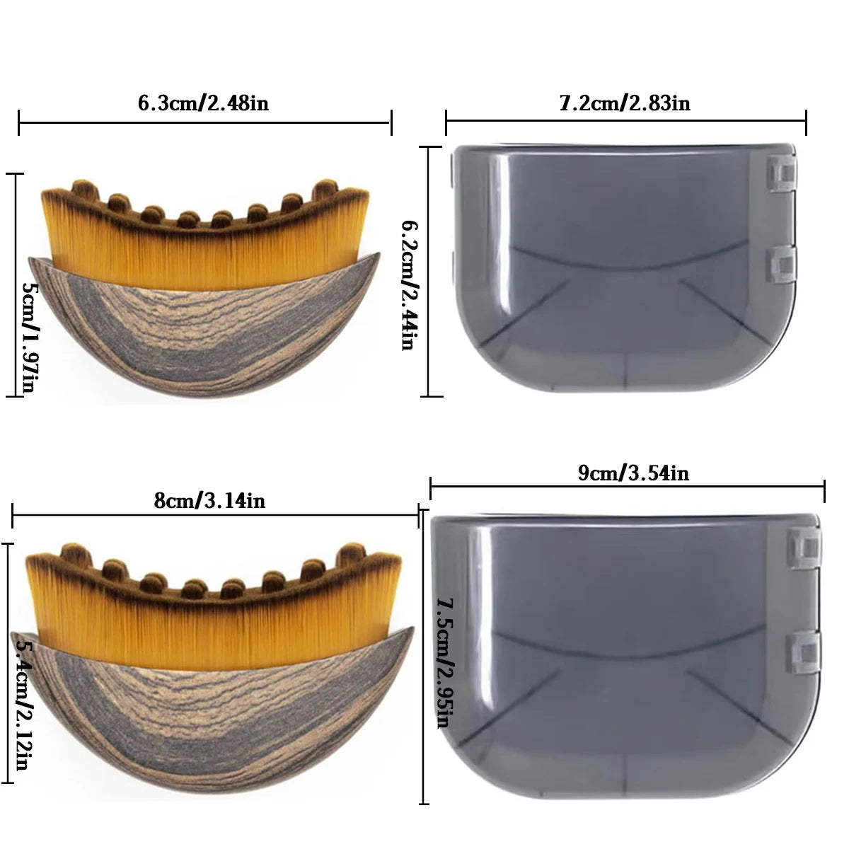 Curved facial massage brush with wood-grain handle and dense yellow bristles, shown with a clear storage case and sizes.