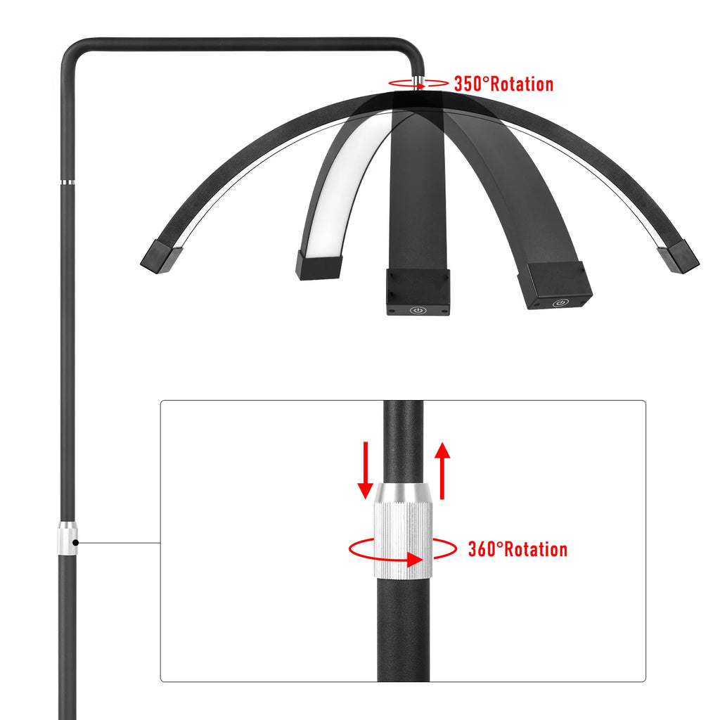 Black arched LED lash lamp with a 350-degree rotating light head and 360-degree adjustable height pole.