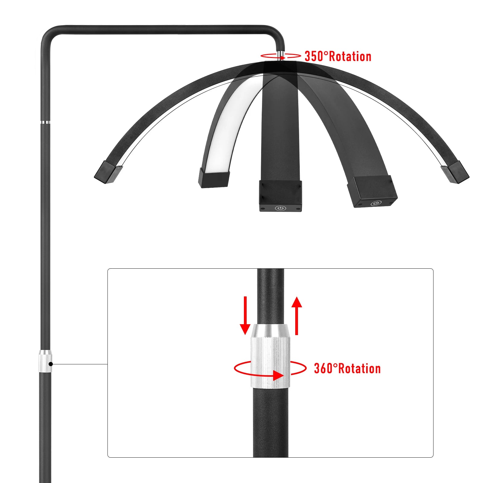 Black arched LED lash lamp with a 350-degree rotating light head and 360-degree adjustable height pole.