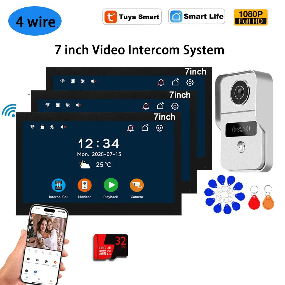7 inch video door intercom kit with wall camera, monitor, keys, and app controls