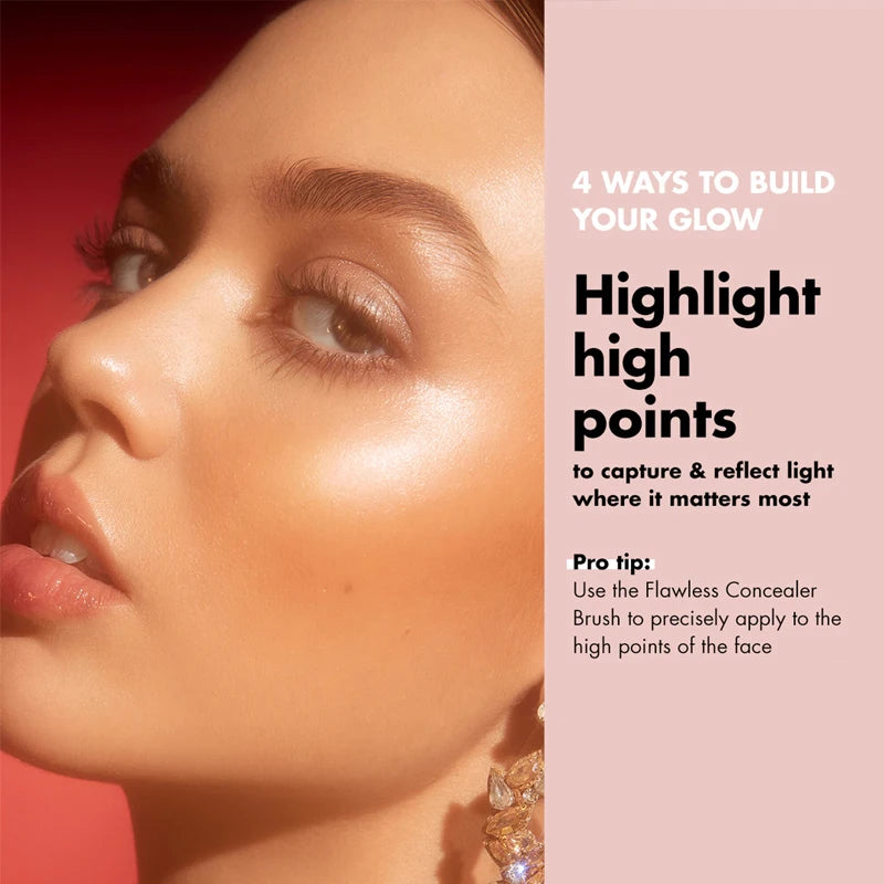 Model with glowing skin, radiant highlighter on cheekbones, and soft, glossy natural lips for a dewy makeup look.