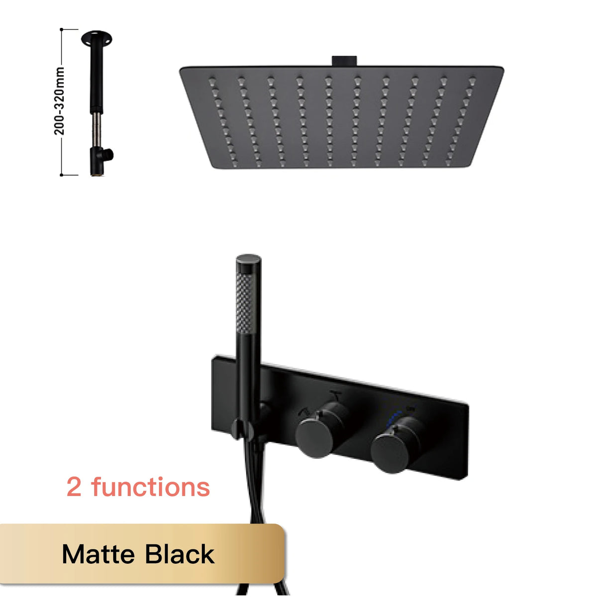 Matte black thermostatic shower system with rainfall ceiling head and 2-function wall mixer