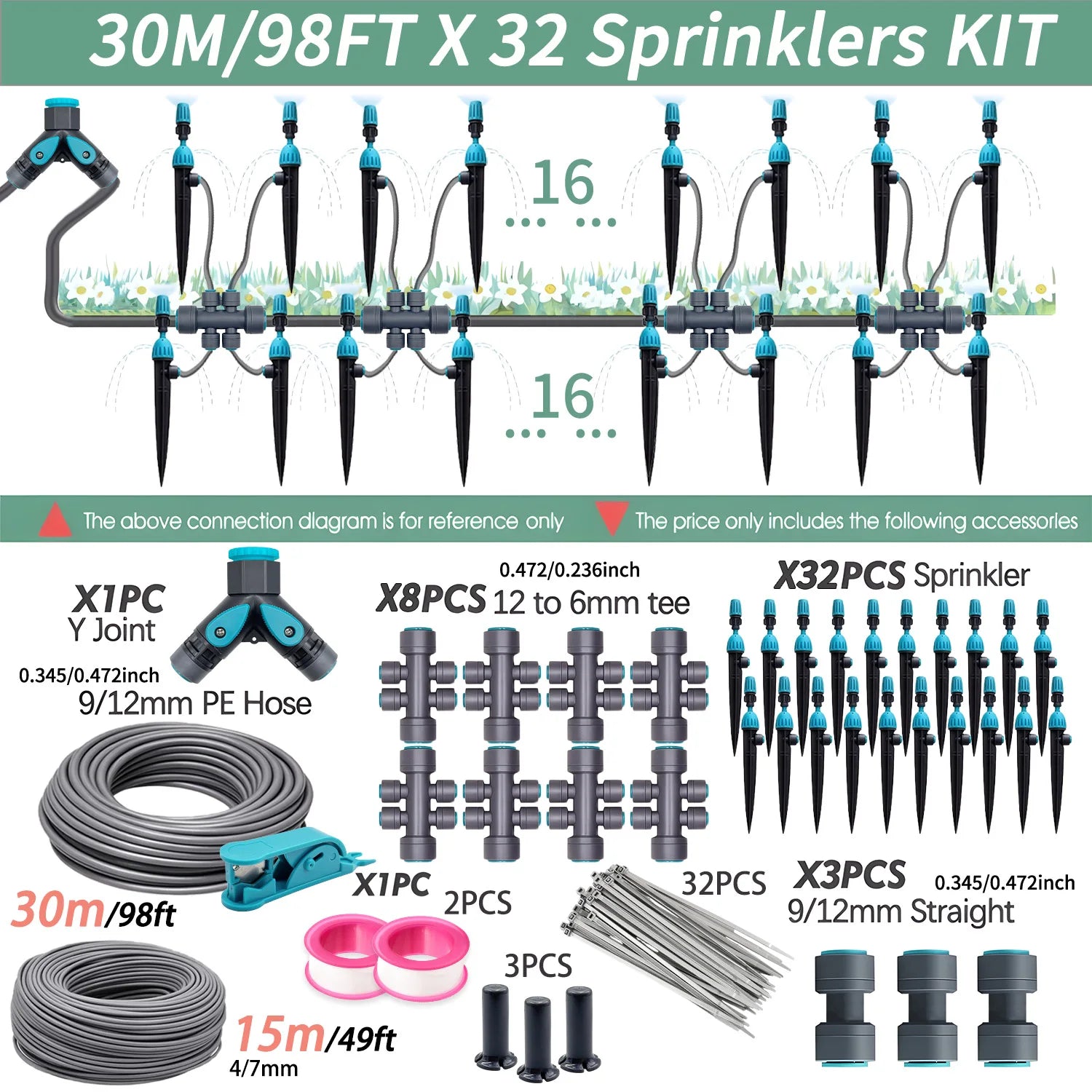 30m sprinkler kit set with 9/12mm PE hose, tee connectors, and multiple spike sprinklers