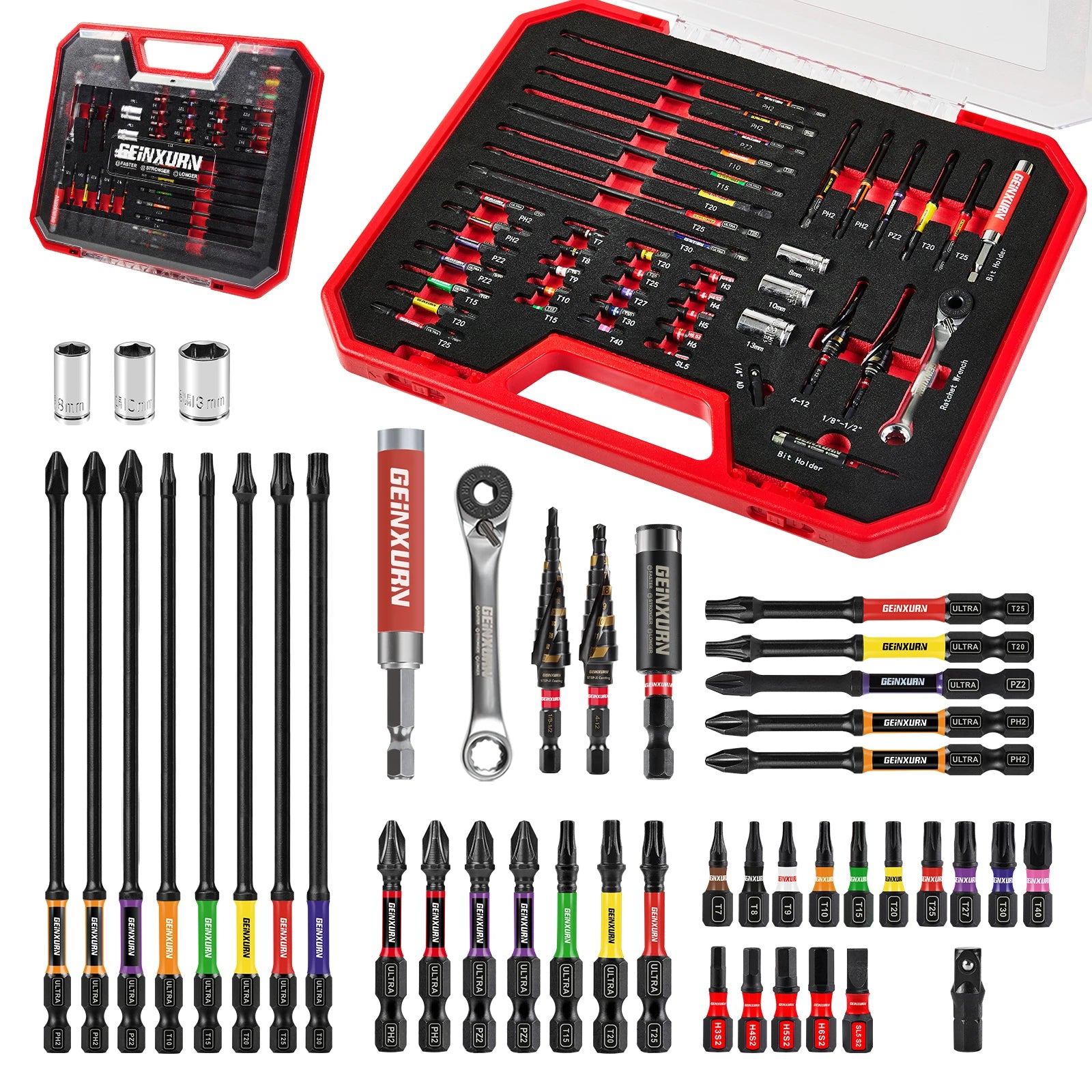 Geinxurn Tools Set Packaged with Screwdriver Bit,Mini Wrench,Socket Driver,Step Drill,Socket Adapter and Bit Holder for DIY