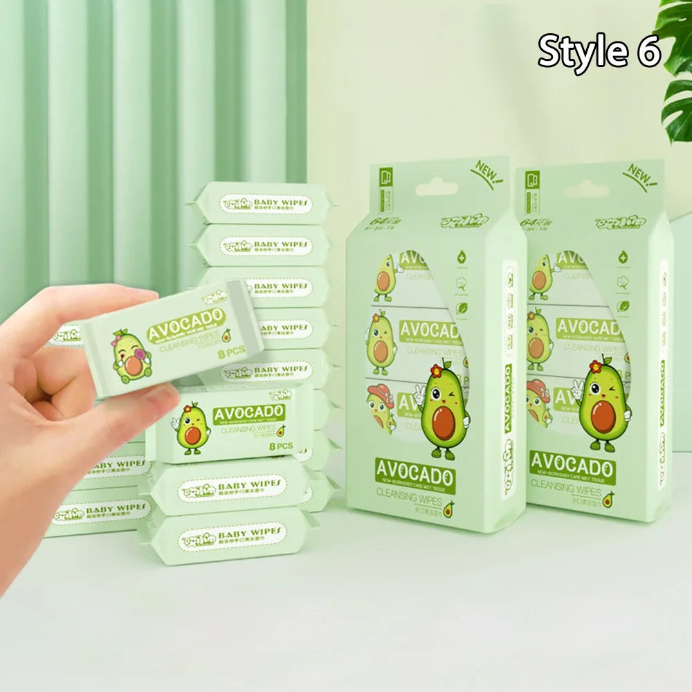 Avocado scented baby cleansing wipes, travel-size 8-pack and 64-count bulk baby care wet tissues with cute design.