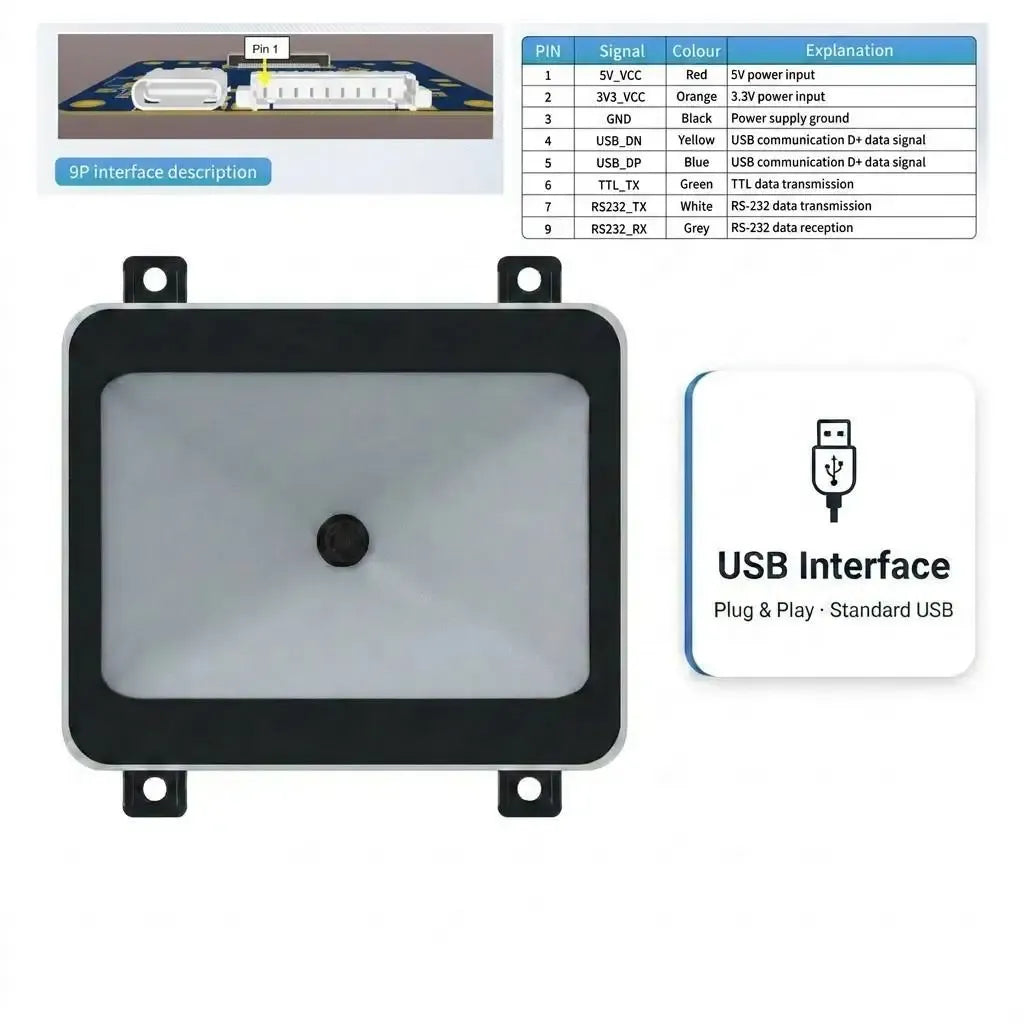 Barcode scanner module with USB interface, plug and play, 9-pin terminal