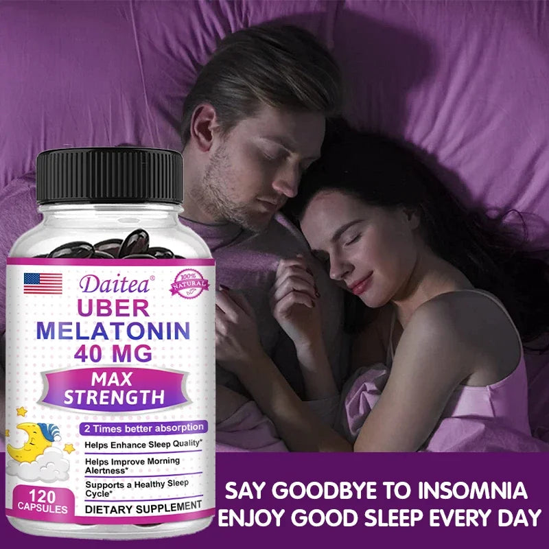 Daitea Melatonin Supplement 40mg Contains Vitamin C Theanine Extract Capsules to Promote Sleep Quality & Alertness Non-GMO