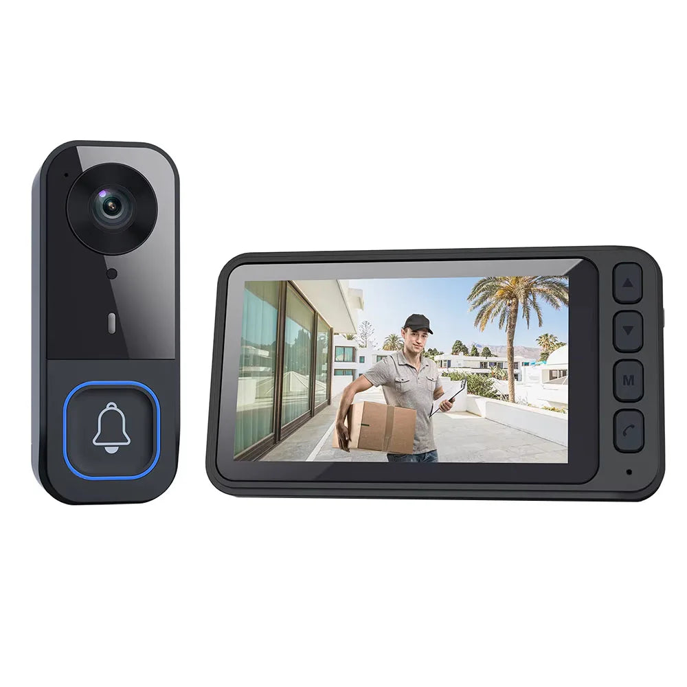 Wireless doorbell camera and monitor display set, black units with blue bell icon