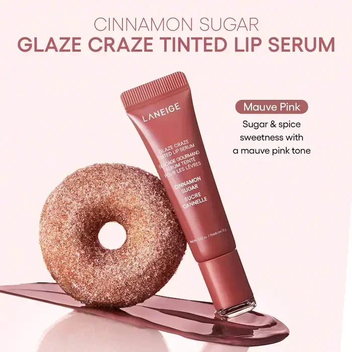 Laneige Glaze Craze Tinted Lip Serum in Cinnamon Sugar, a hydrating mauve pink lip gloss with a glossy, smooth finish.