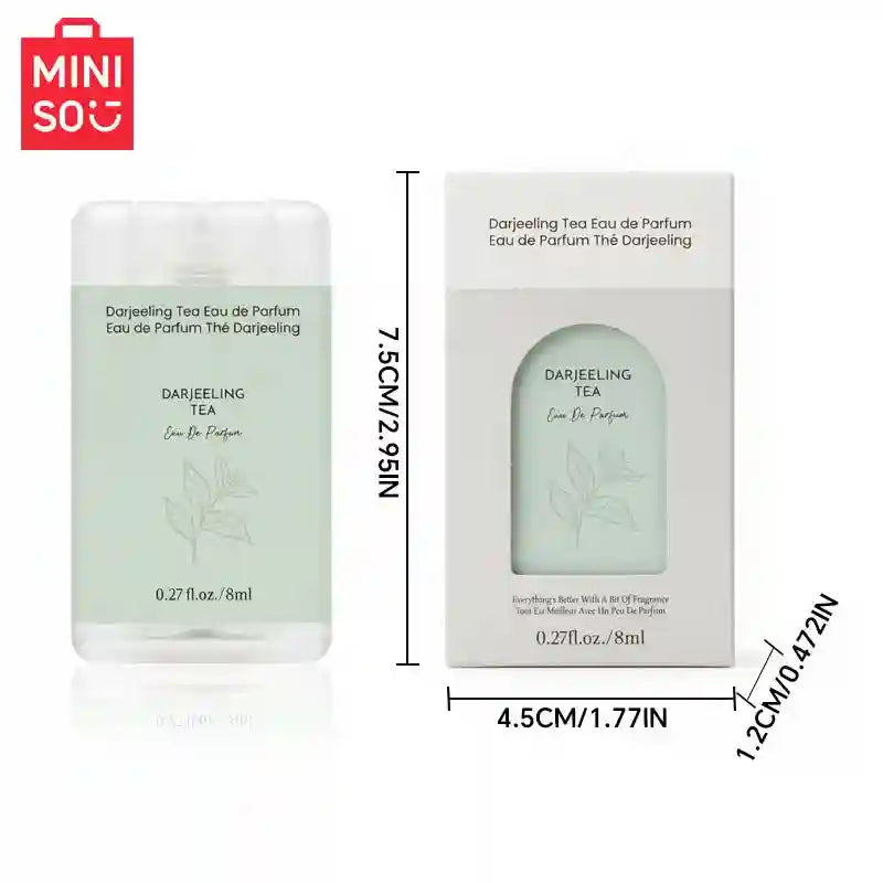 MINISO Darjeeling Tea EDP for men: 8ml portable pocket spray, woody designer fragrance in a sleek, slim card bottle.