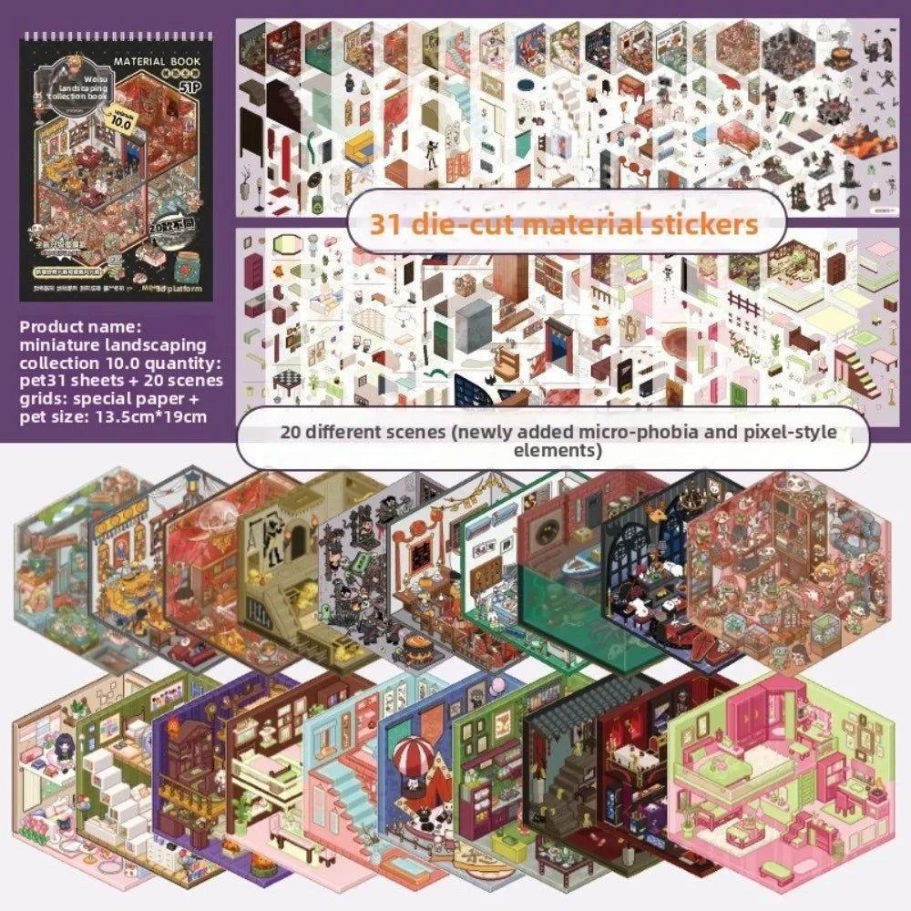 Horror-themed PET sticker book with 51 sheets for DIY miniature cabin crafts and creative landscape scene building.